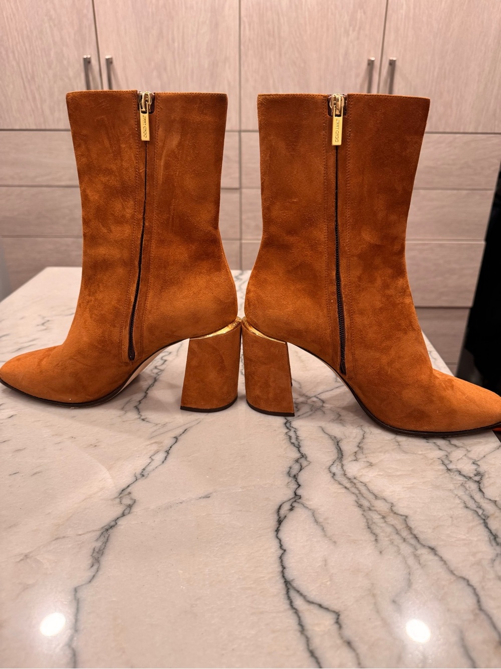 Jimmy Choo Suede Mid-Calf Block Heel Boots in Cognac